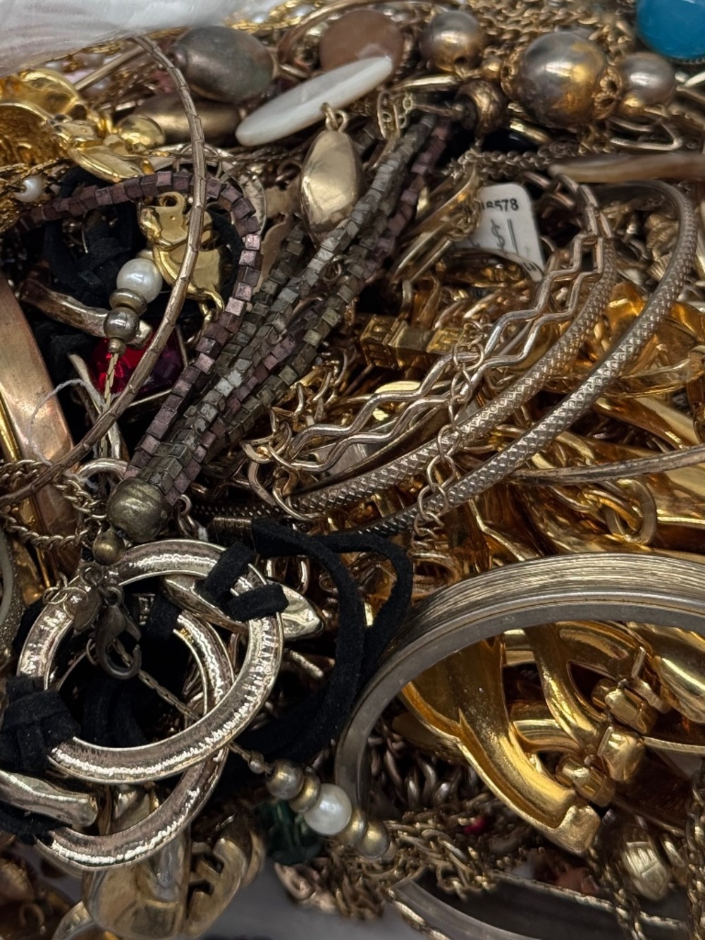 6lbs Mostly Gold Tone Junk Jewelry Craft Lot – Broken, Tangled, Beads & Parts